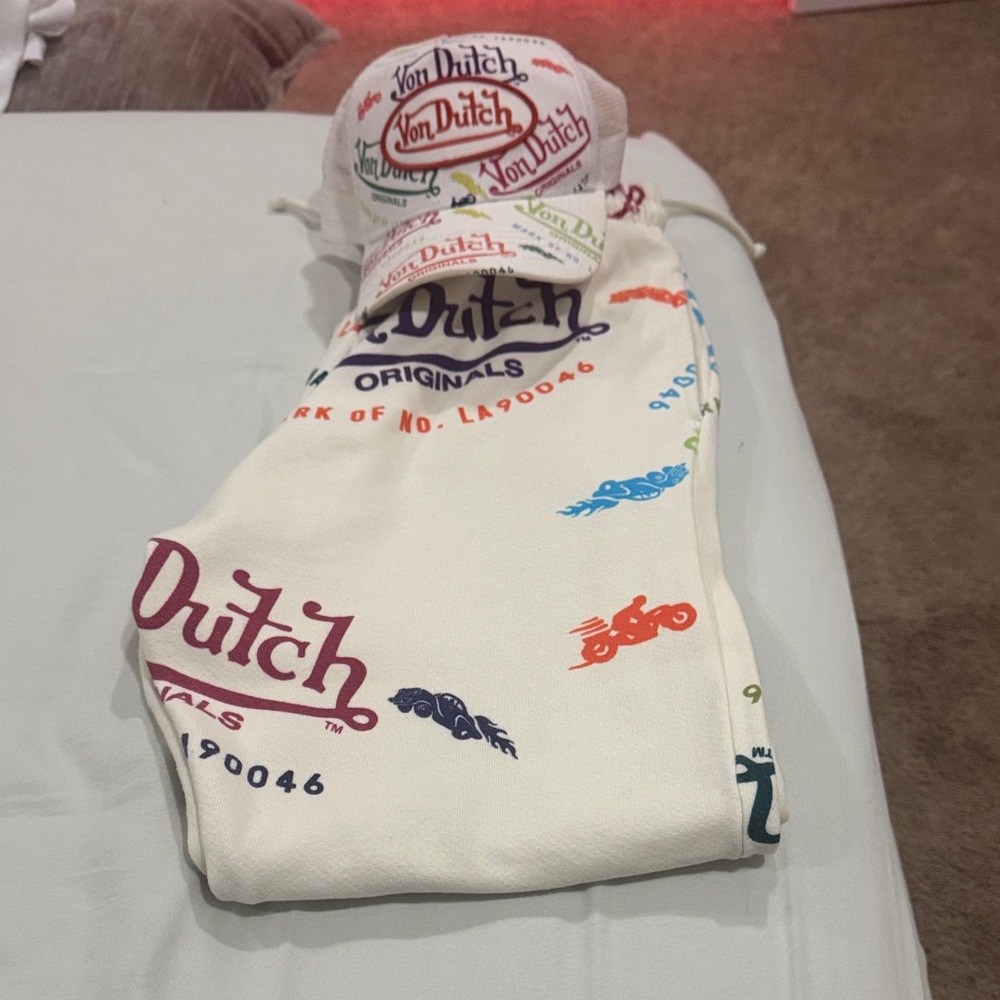 Von Dutch Cream Sweatpants with Colorful Logos